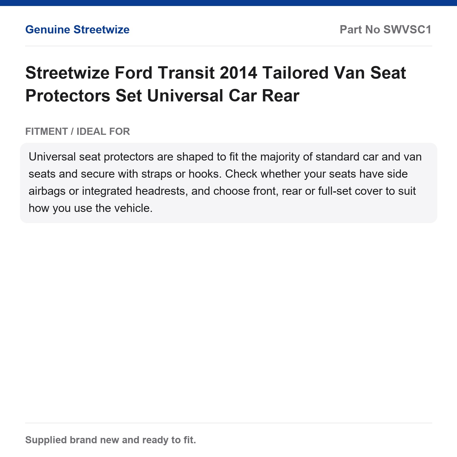 Streetwize Ford Transit 2014+ Tailored Van Seat Covers Set - Image 4