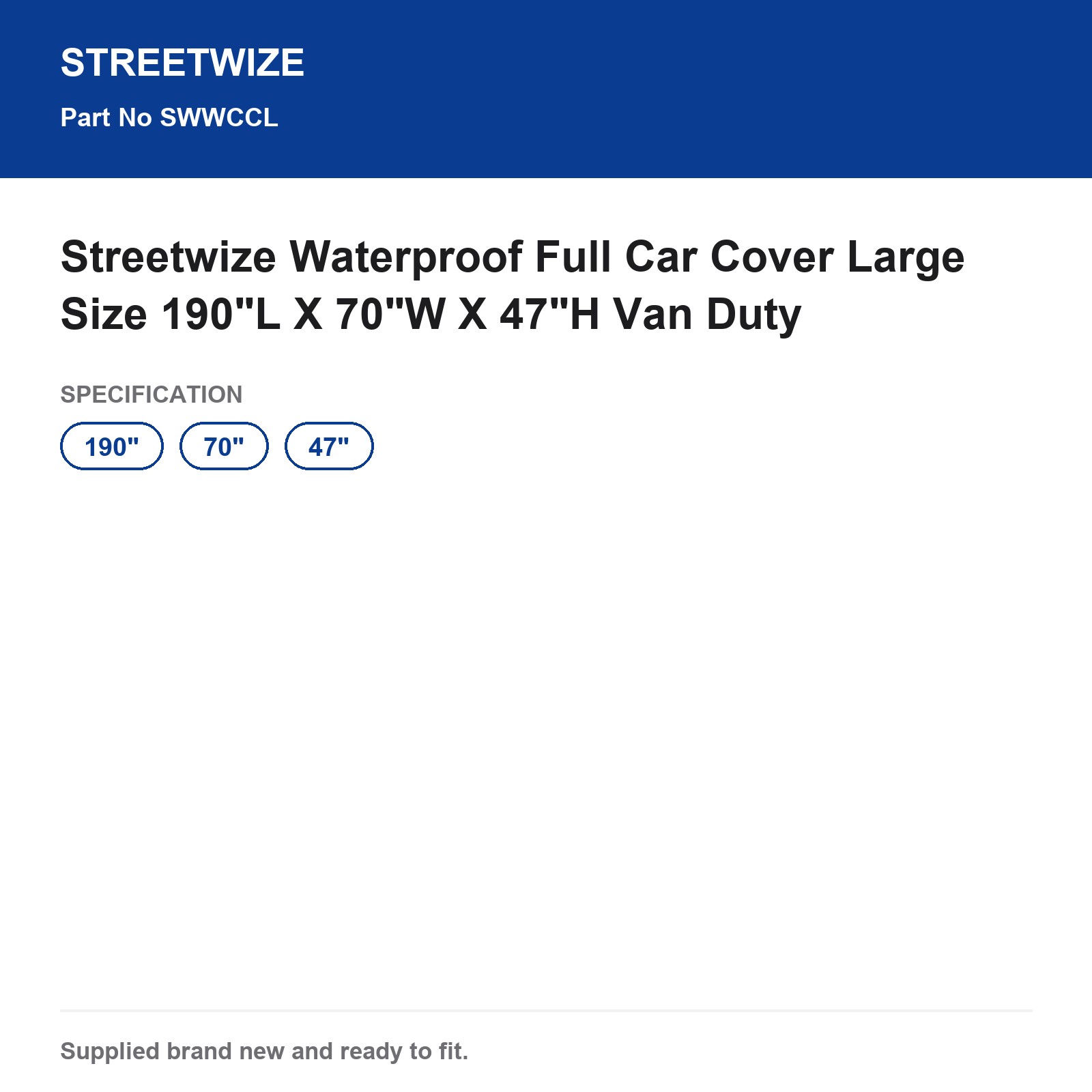 Streetwize Waterproof Full Car Cover Large 190"L x 70"W x 47"H - Image 5