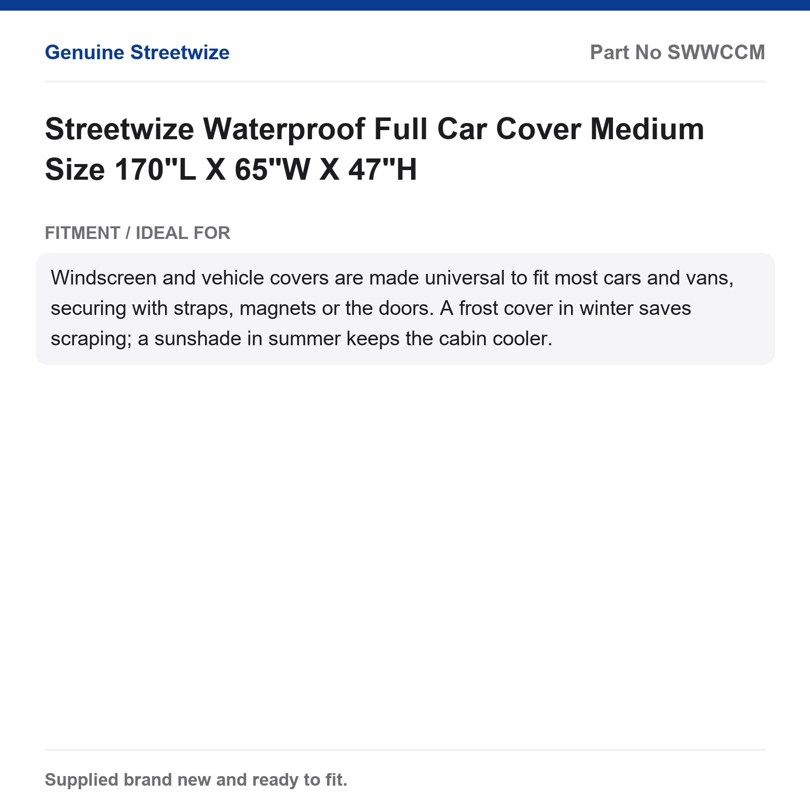 Streetwize Waterproof Car Cover Medium 170"L x 65"W x 47"H - Image 5