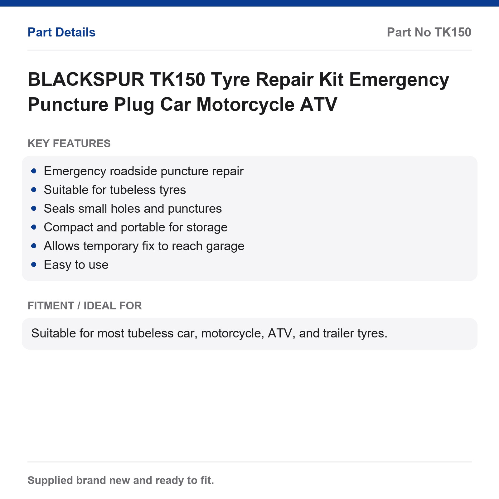 BLACKSPUR TK150 Tyre Repair Kit Emergency Puncture Plug Car Motorcycle ATV - Image 2
