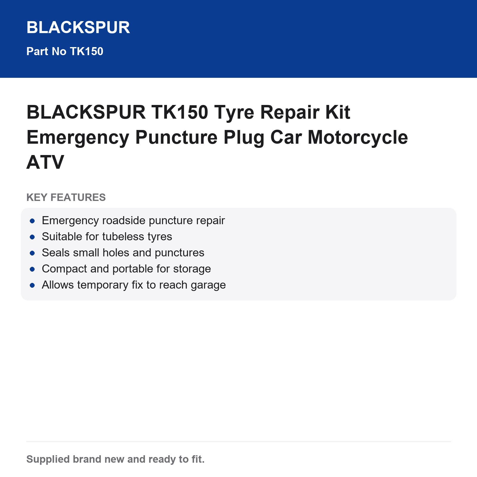 BLACKSPUR TK150 Tyre Repair Kit Emergency Puncture Plug Car Motorcycle ATV - Image 3