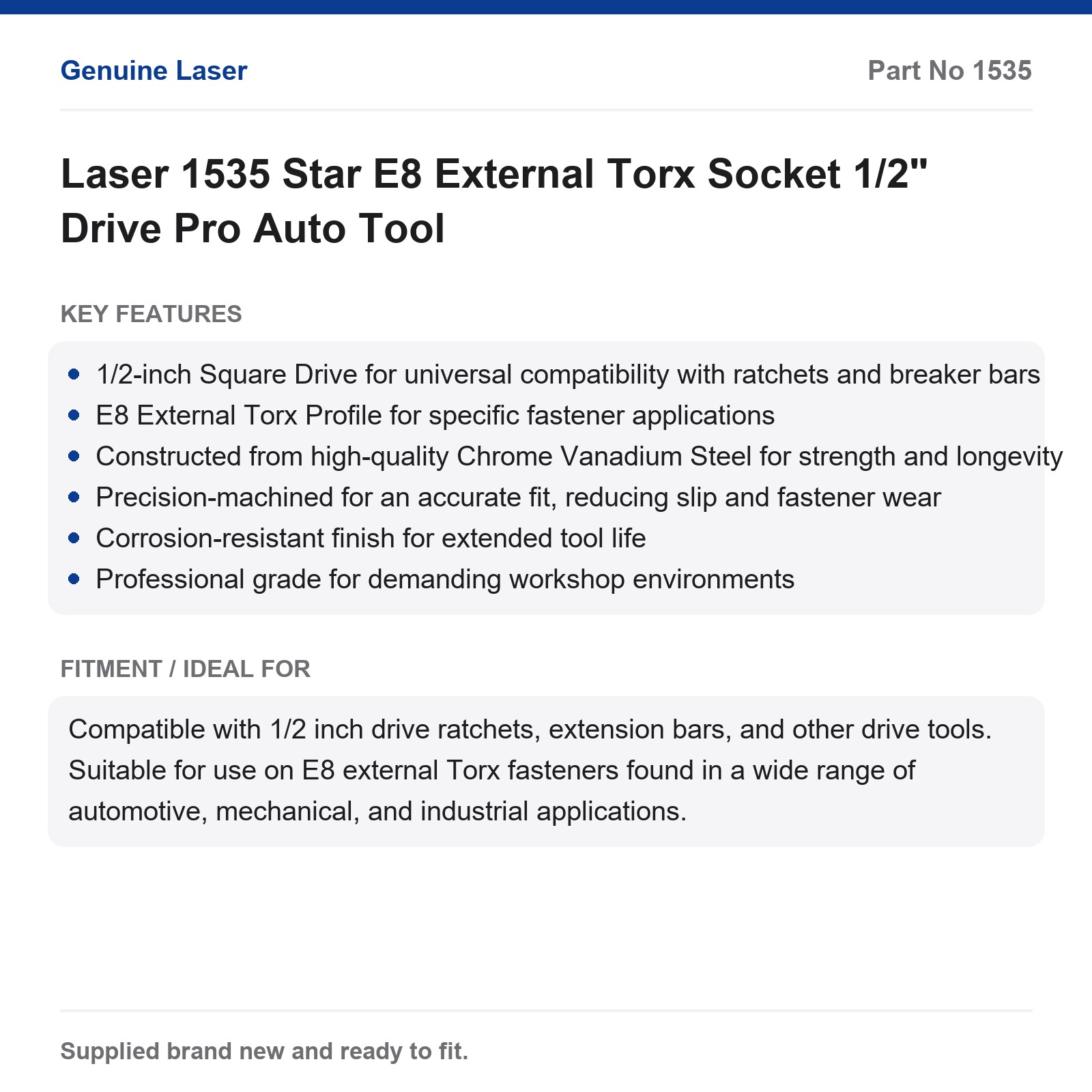 Laser 1535 Star E8 External Torx Socket 1/2" Drive Pro Auto Tool - Image 2