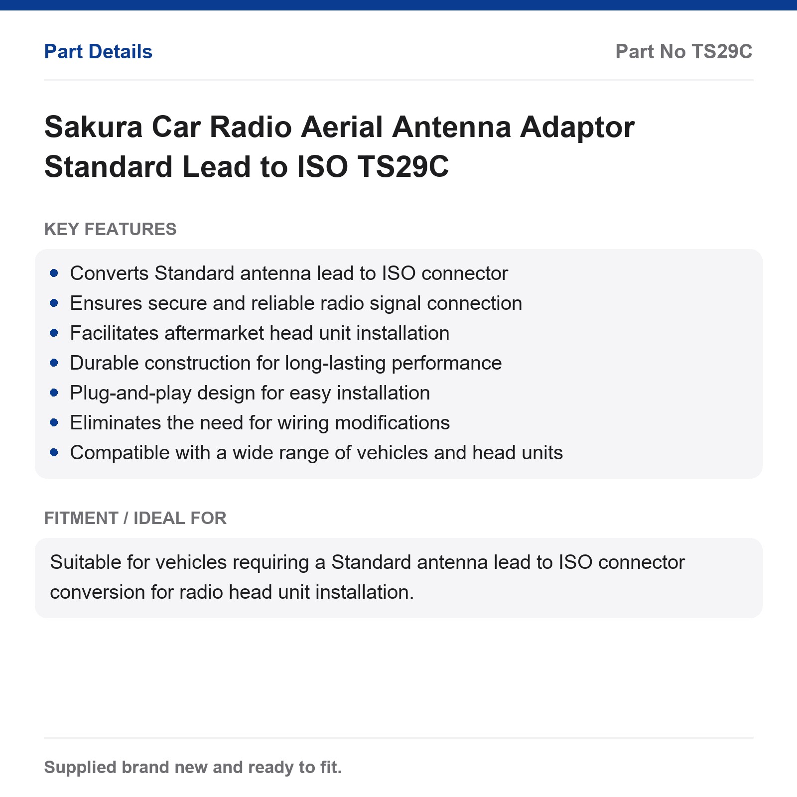 Sakura Car Radio Aerial Antenna Adaptor Standard Lead to ISO TS29C - Image 2