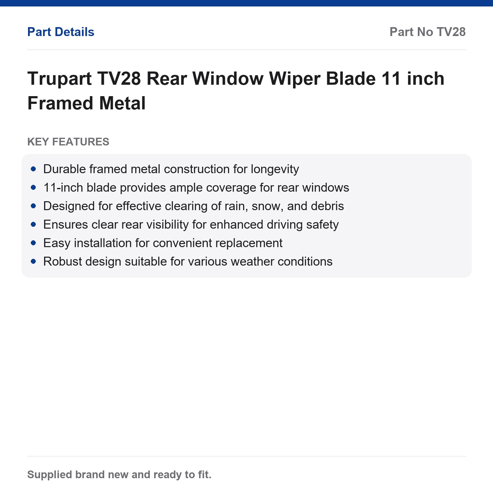 Trupart TV28 Rear Window Wiper Blade 11 inch Framed Metal - Image 2