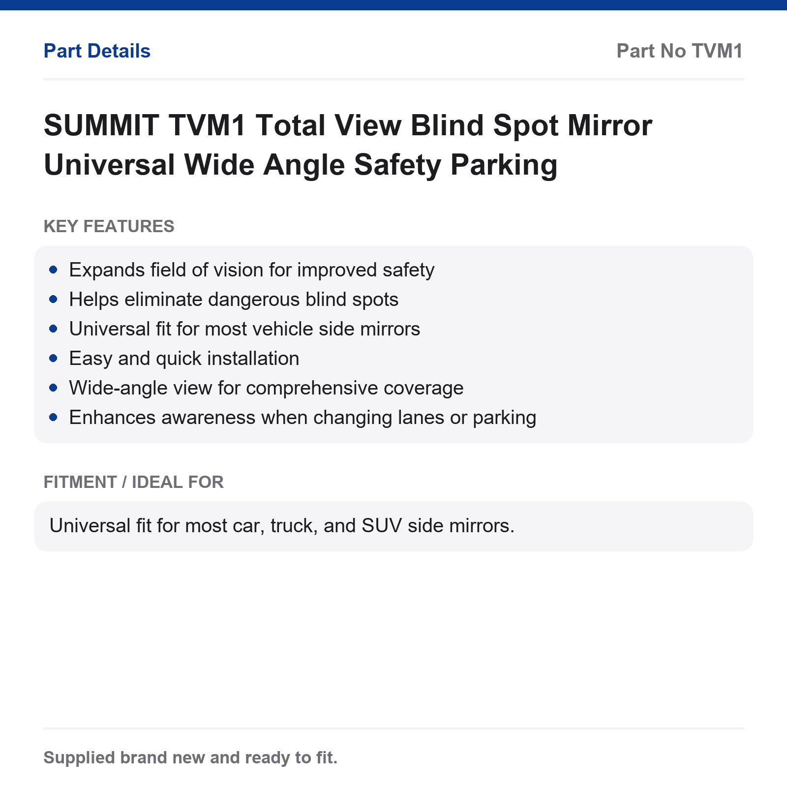 SUMMIT TVM1 Total View Car Blind Spot Mirror Universal Wide Angle Safety - Image 2