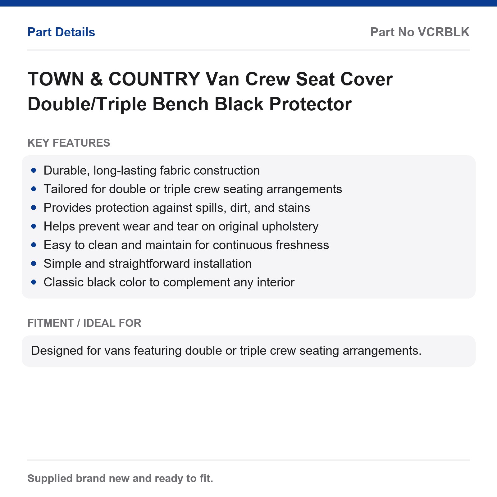 TOWN & COUNTRY Van Crew Seat Cover Double/Triple Bench Black Protector - Image 4