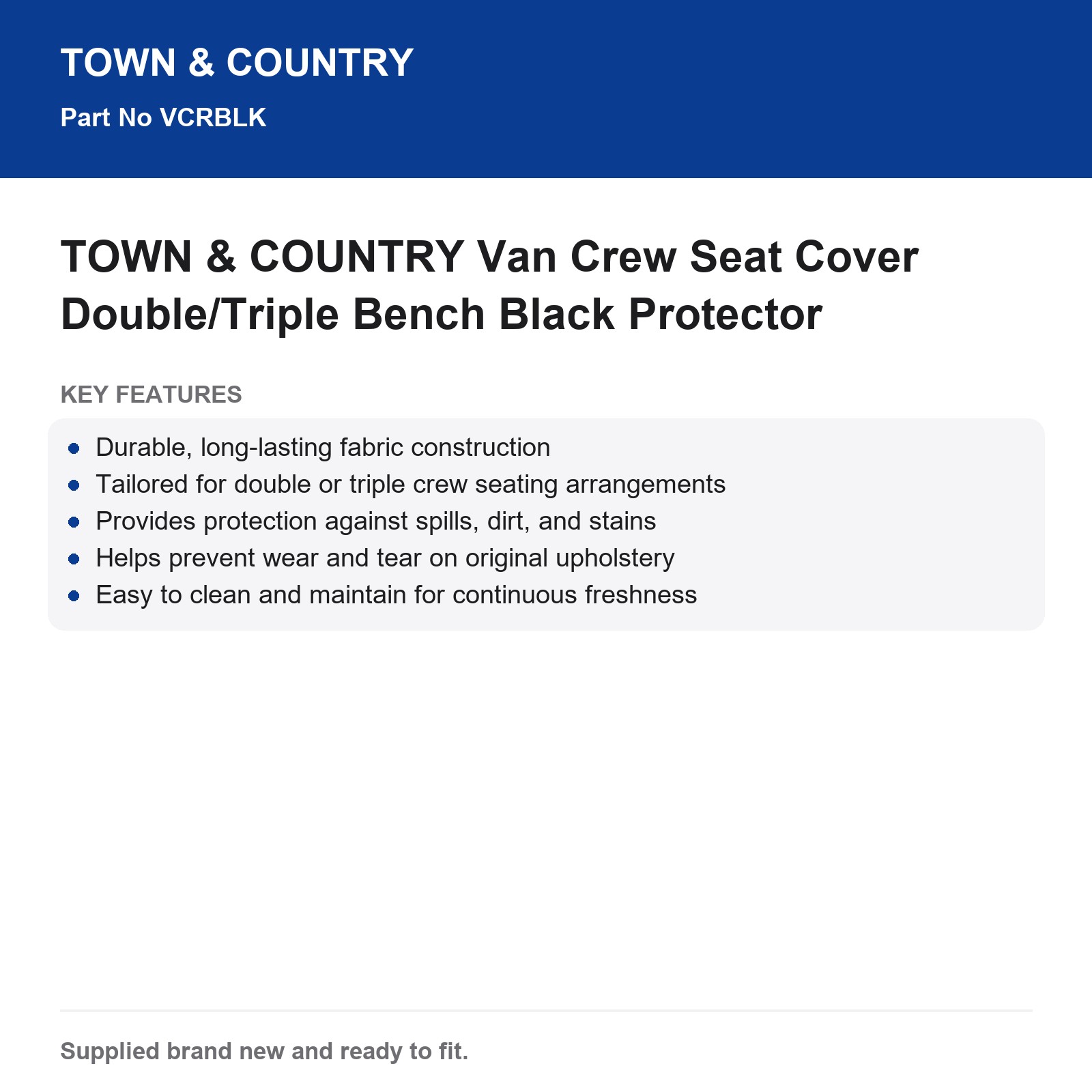 TOWN & COUNTRY Van Crew Seat Cover Double/Triple Bench Black Protector - Image 5