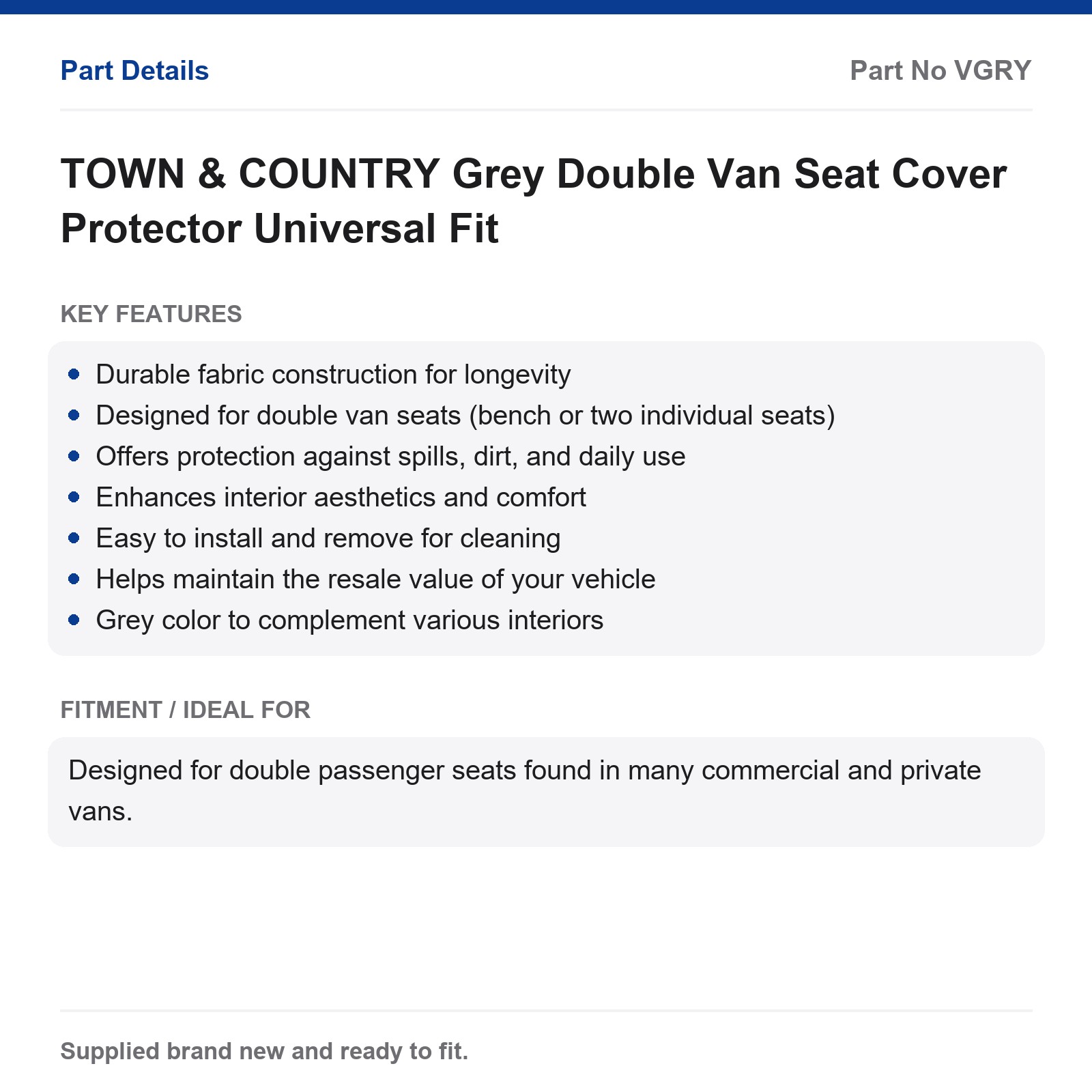 TOWN & COUNTRY Grey Double Van Seat Cover Protector Universal Fit - Image 4