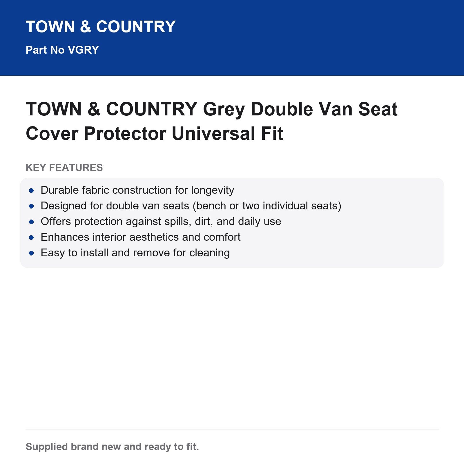 TOWN & COUNTRY Grey Double Van Seat Cover Protector Universal Fit - Image 5