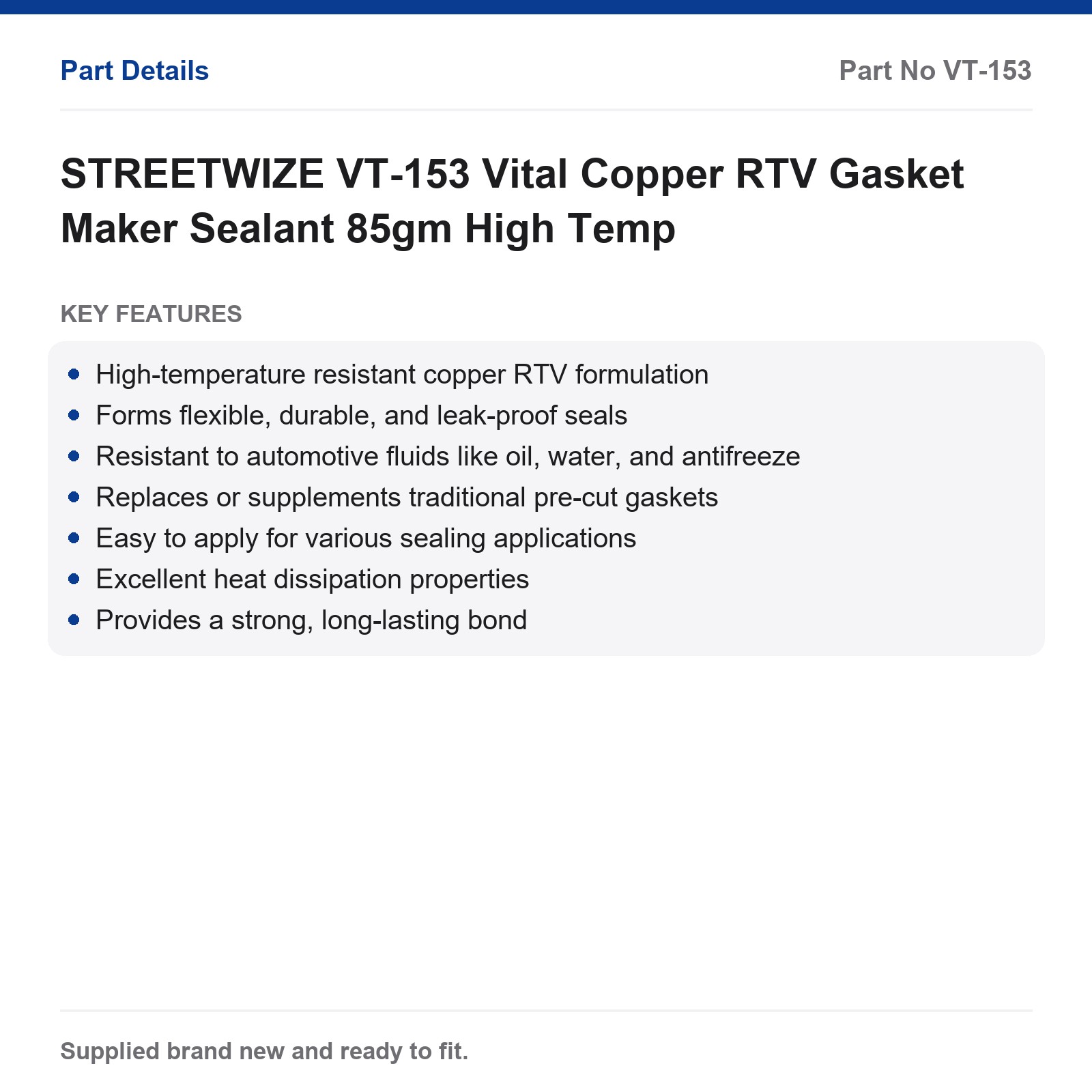 High Temp Copper RTV Gasket Maker Sealant 85gm STREETWIZE VT-153 - Image 2