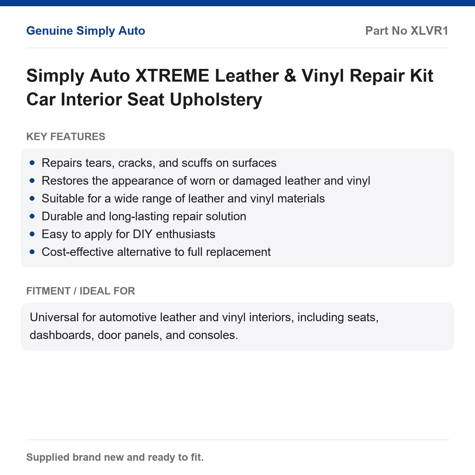 Simply Auto XTREME Leather & Vinyl Repair Kit Car Interior Seat Upholstery - Image 2