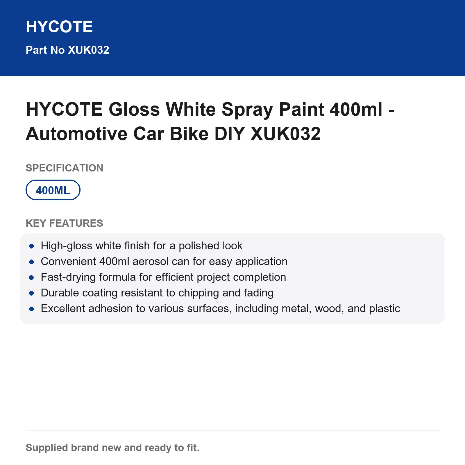 HYCOTE Gloss White Spray Paint 400ml - Automotive Car Bike DIY - Image 3