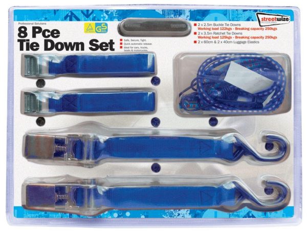 Streetwize 8pc Tie Down Kit Cargo Straps Luggage Elastics Trailer