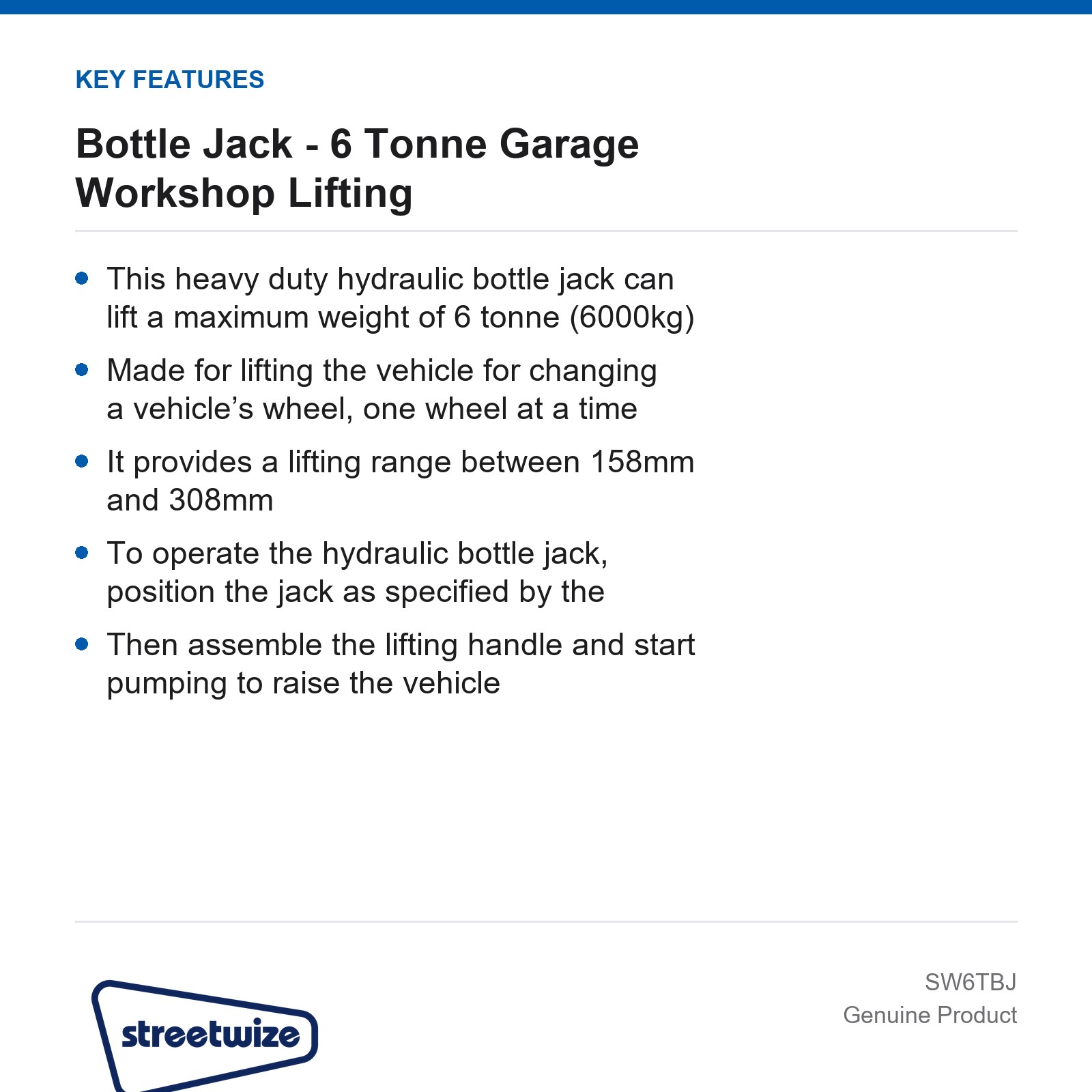 Streetwize 6 Tonne Hydraulic Bottle Jack Car Van Caravan - Image 4