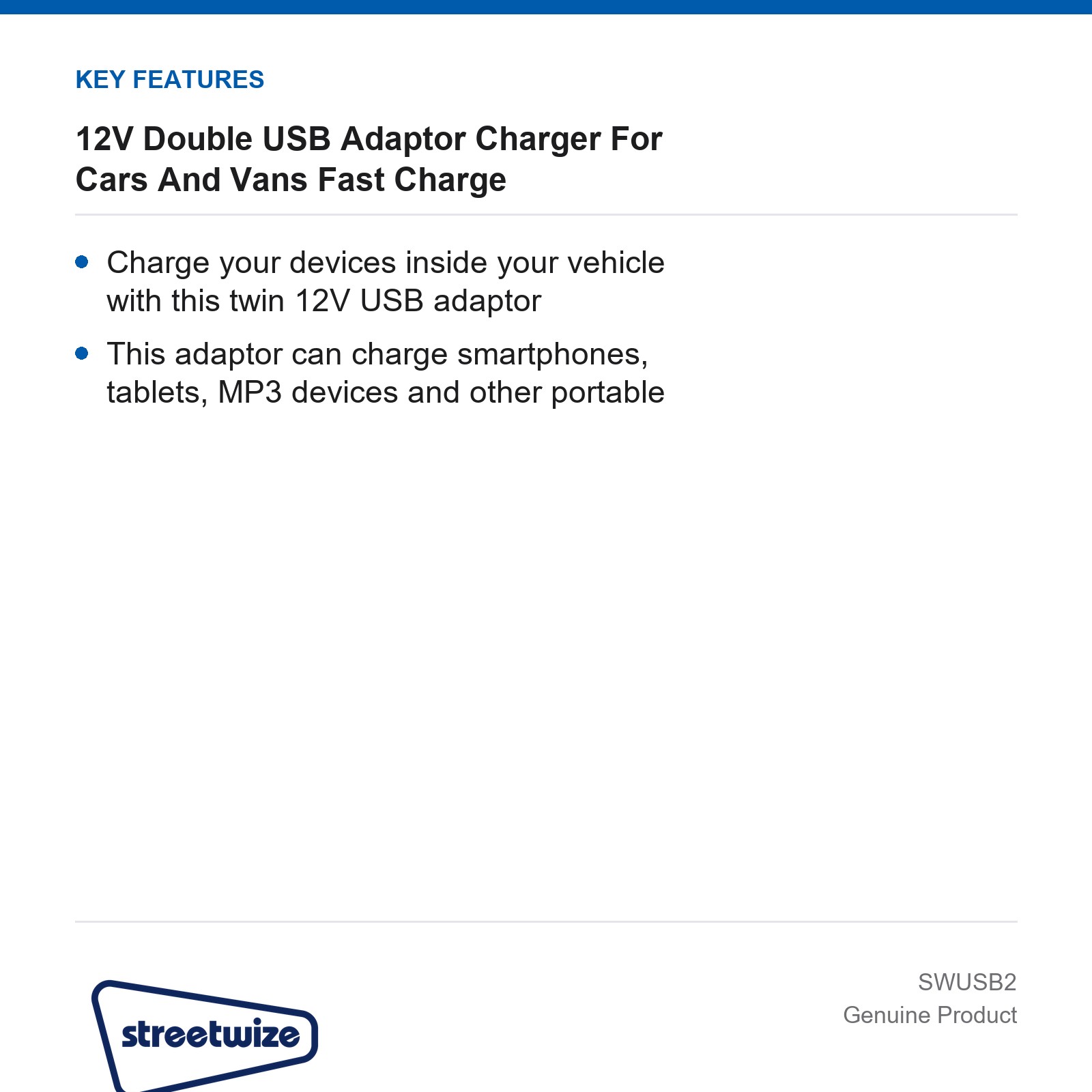 Streetwize 12V Double USB Adaptor Charger Fast Charge Car Van - Image 4