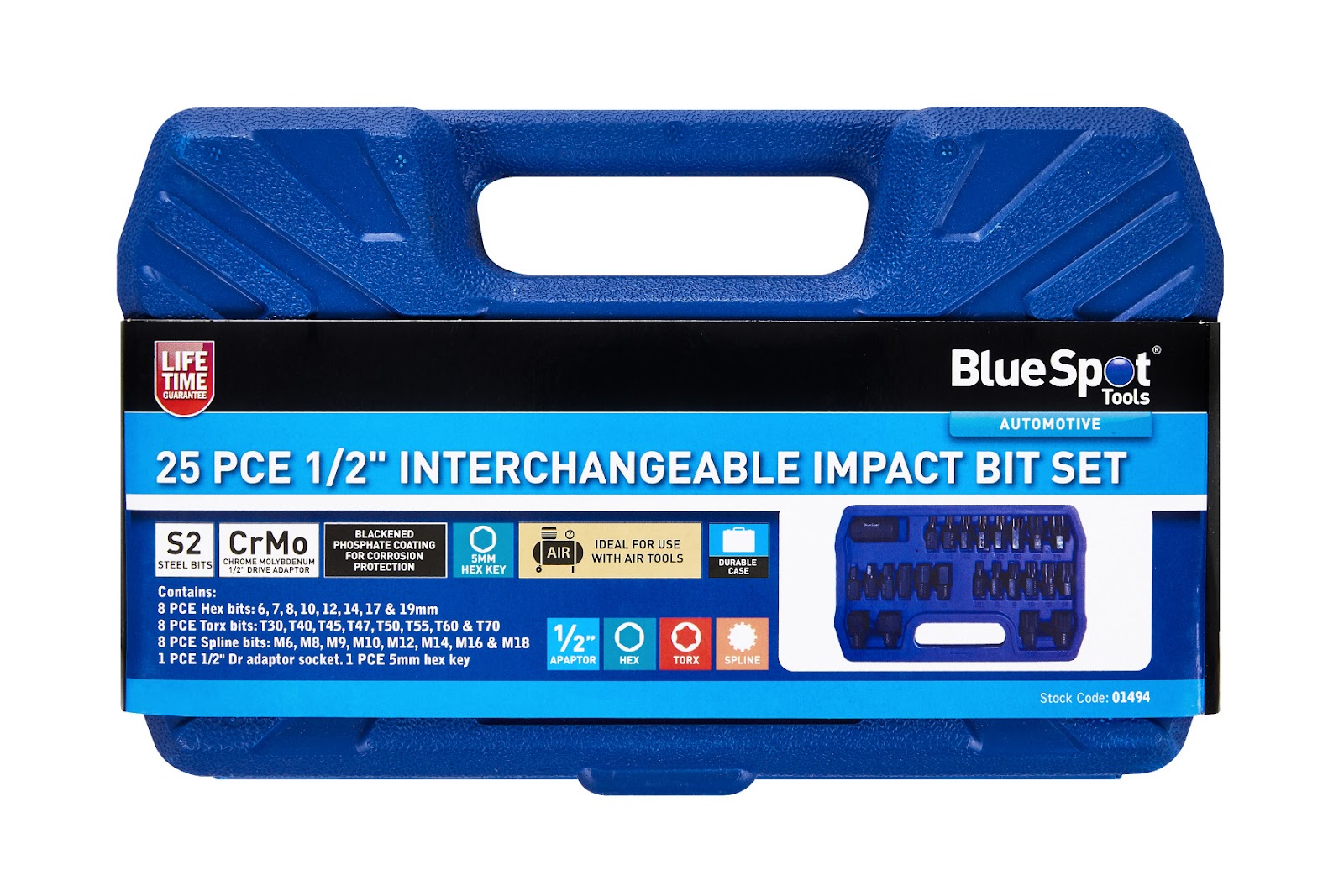 BlueSpot 25pc 1/2″ Drive Impact Bit Set S2 Steel Hex Torx Spline