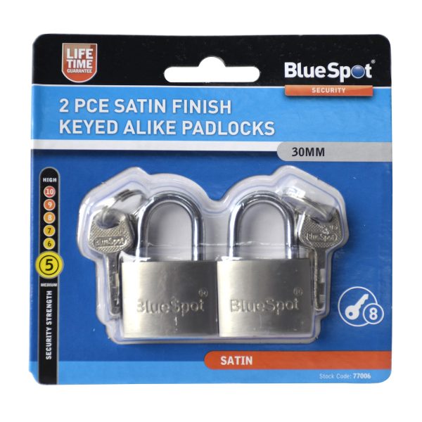 BlueSpot 2pc 30mm Keyed Alike Satin Finish Padlocks