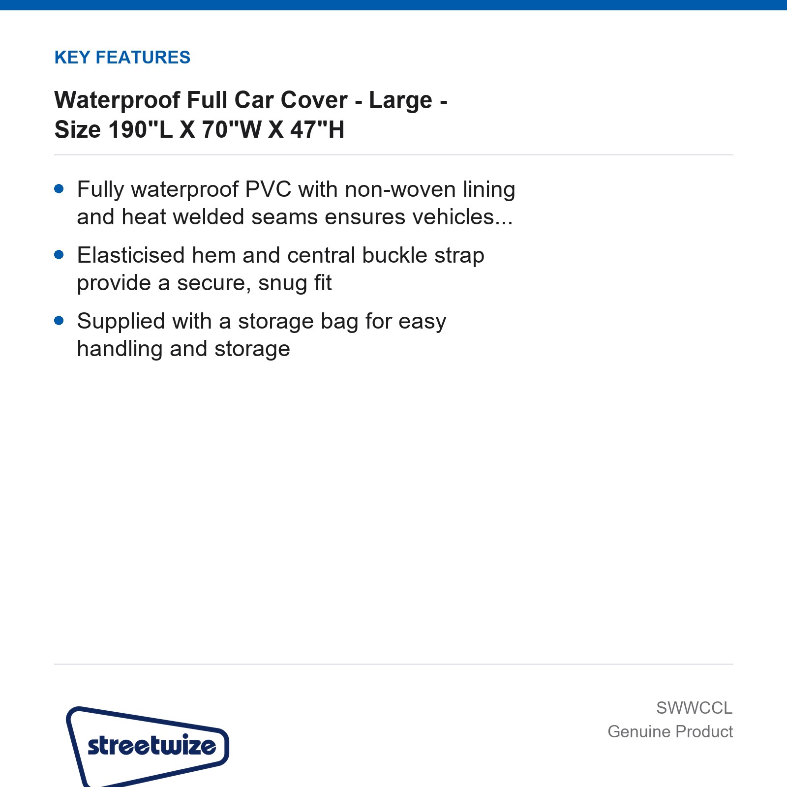 Streetwize Waterproof Full Car Cover Large 190"L x 70"W x 47"H - Image 3