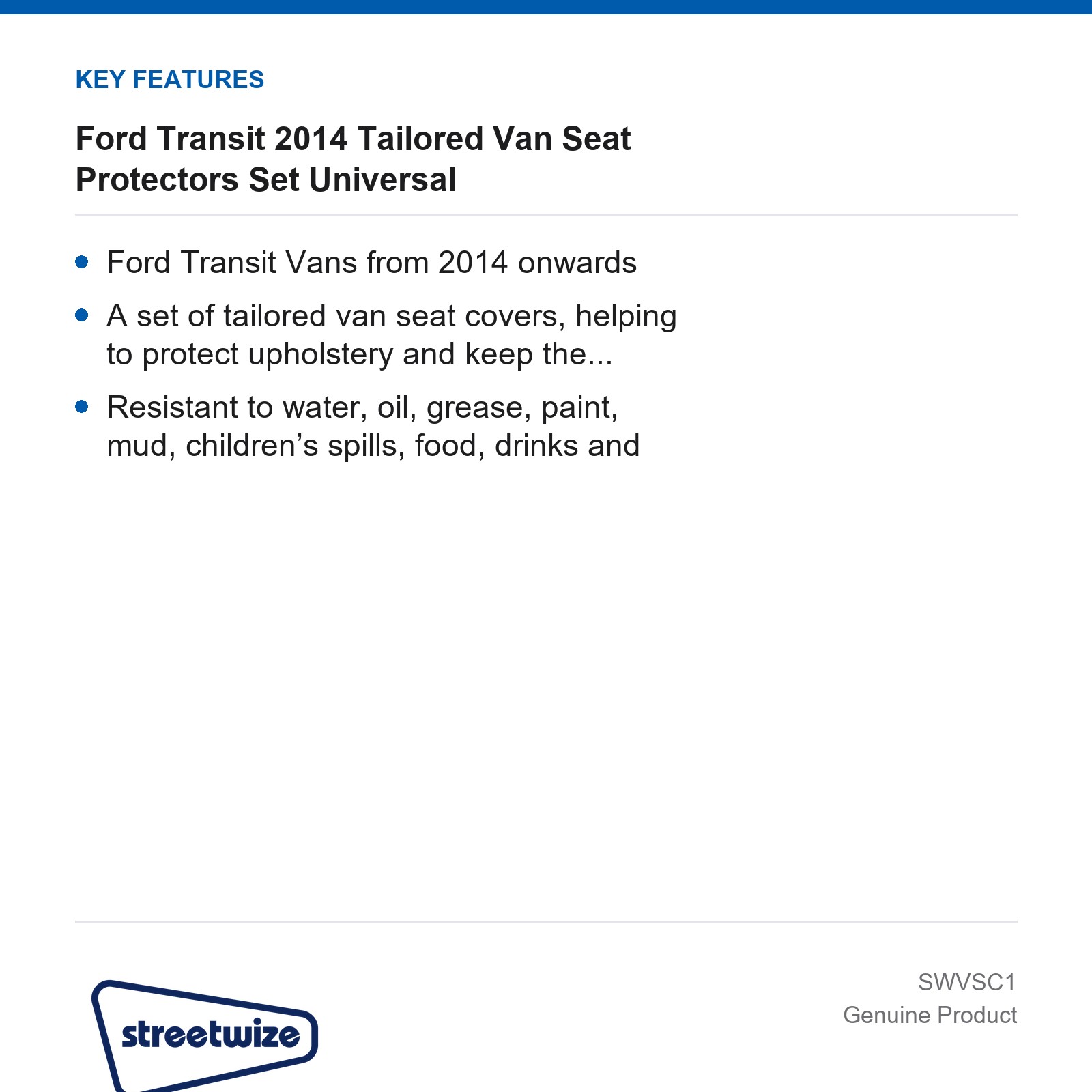 Streetwize Ford Transit 2014+ Tailored Van Seat Covers Set - Image 2