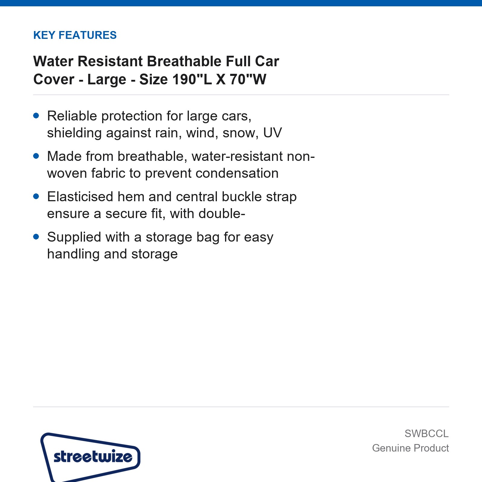 Streetwize Large Water Resistant Breathable Full Car Cover 190"L X 70"W - Image 4