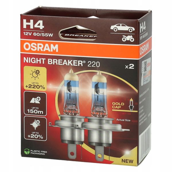 OSRAM Night Breaker H4 Headlight Bulb +220% Brightness Upgrade 12V