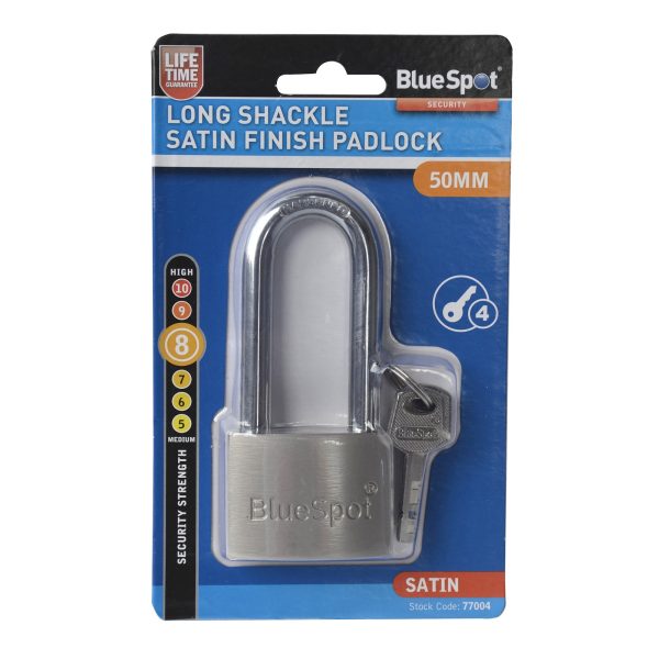 Bluespot 50mm Long Shackle Padlock Satin Nickel Double Lock Hardened 4 Keys