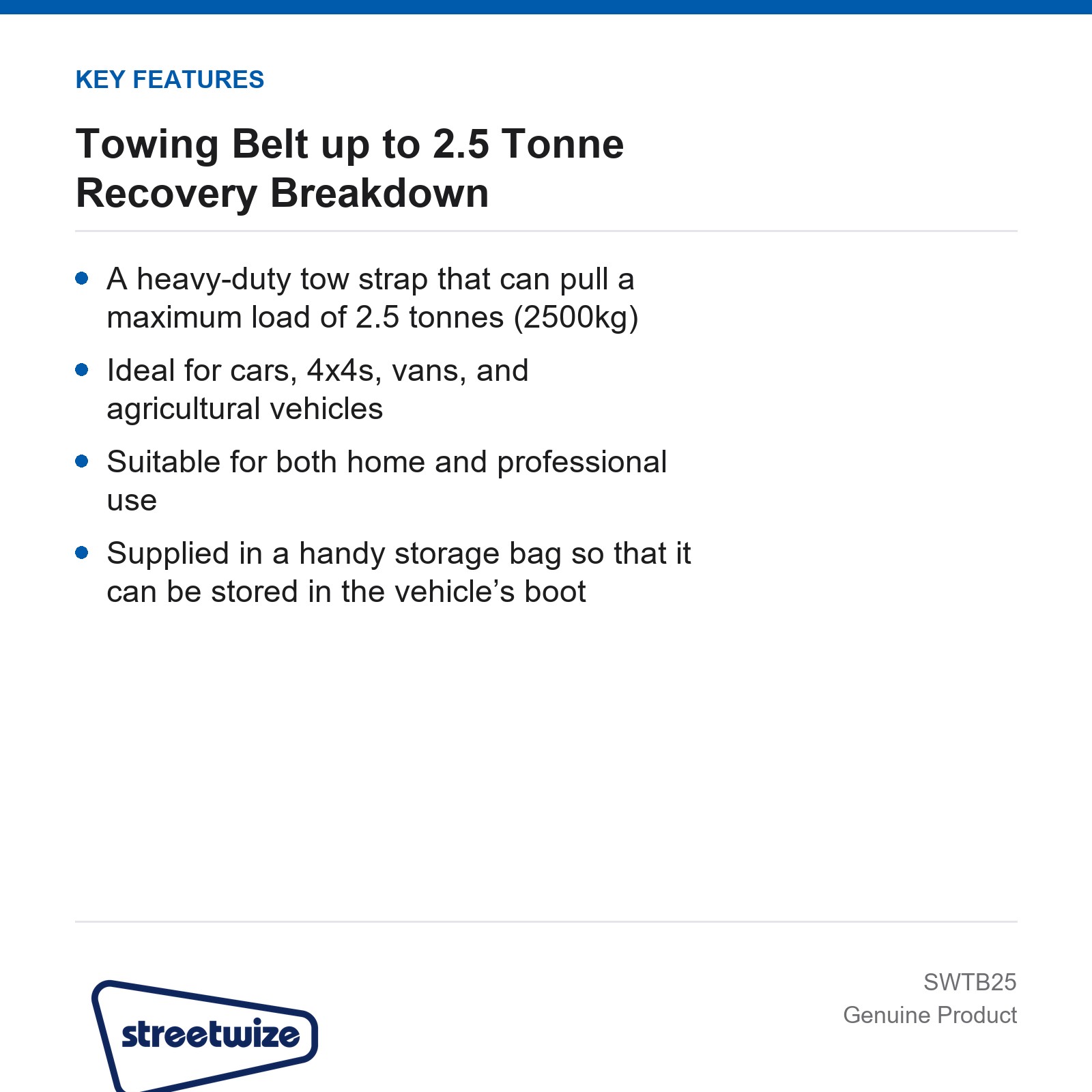 Streetwize 2.5 Tonne Towing Belt Car Caravan Recovery Trailer - Image 4