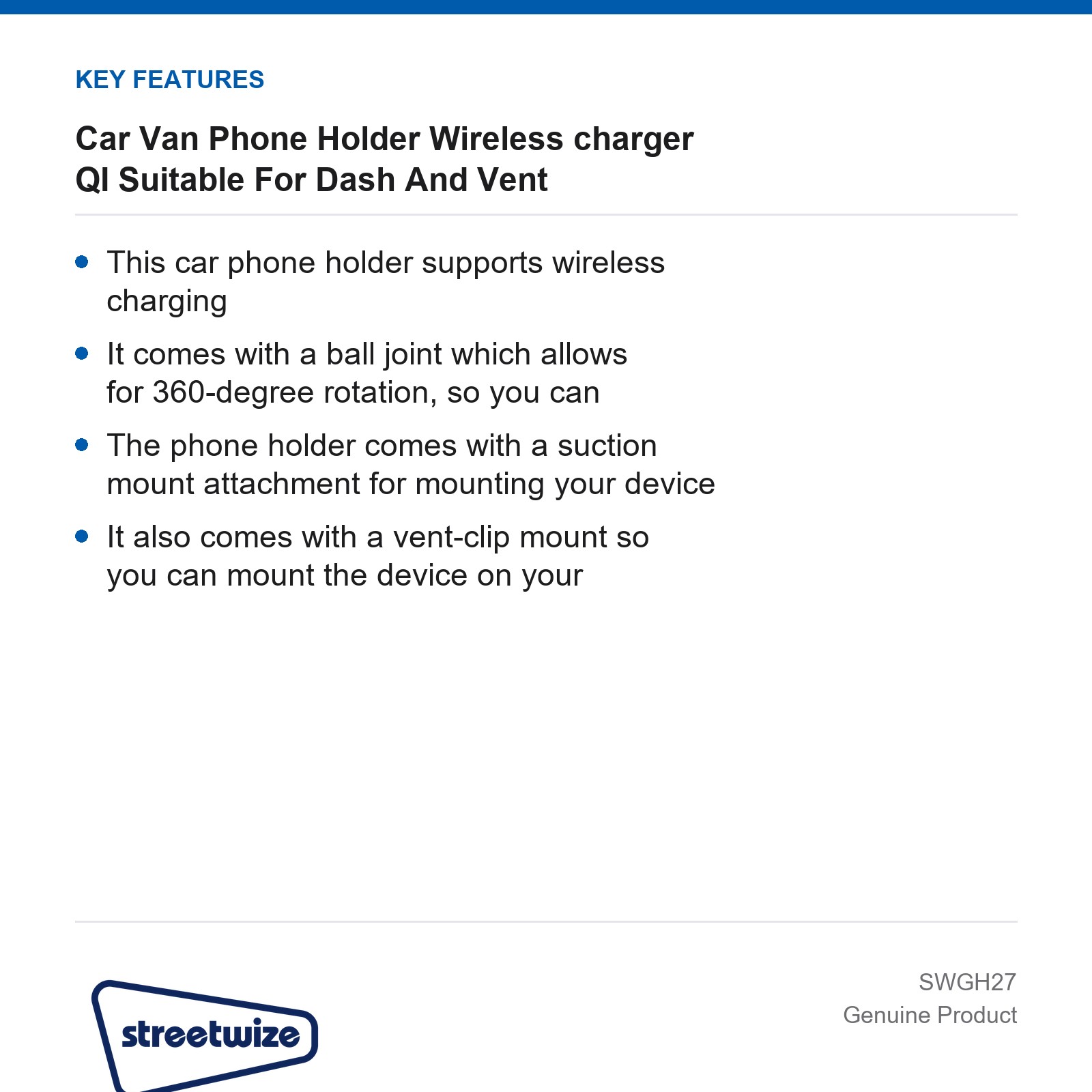 Streetwize Car Van Phone Holder Wireless Charger QI Dash Vent Mount - Image 4