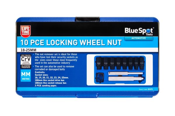BlueSpot 10pc Locking Wheel Nut Remover 18-25mm Security Socket Bolt Extractor
