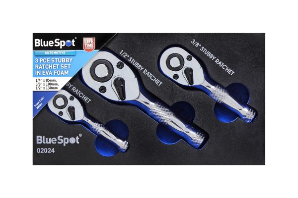BlueSpot 3pc Stubby Ratchet Set In EVA Foam (1/4″, 3/8″, 1/2″)