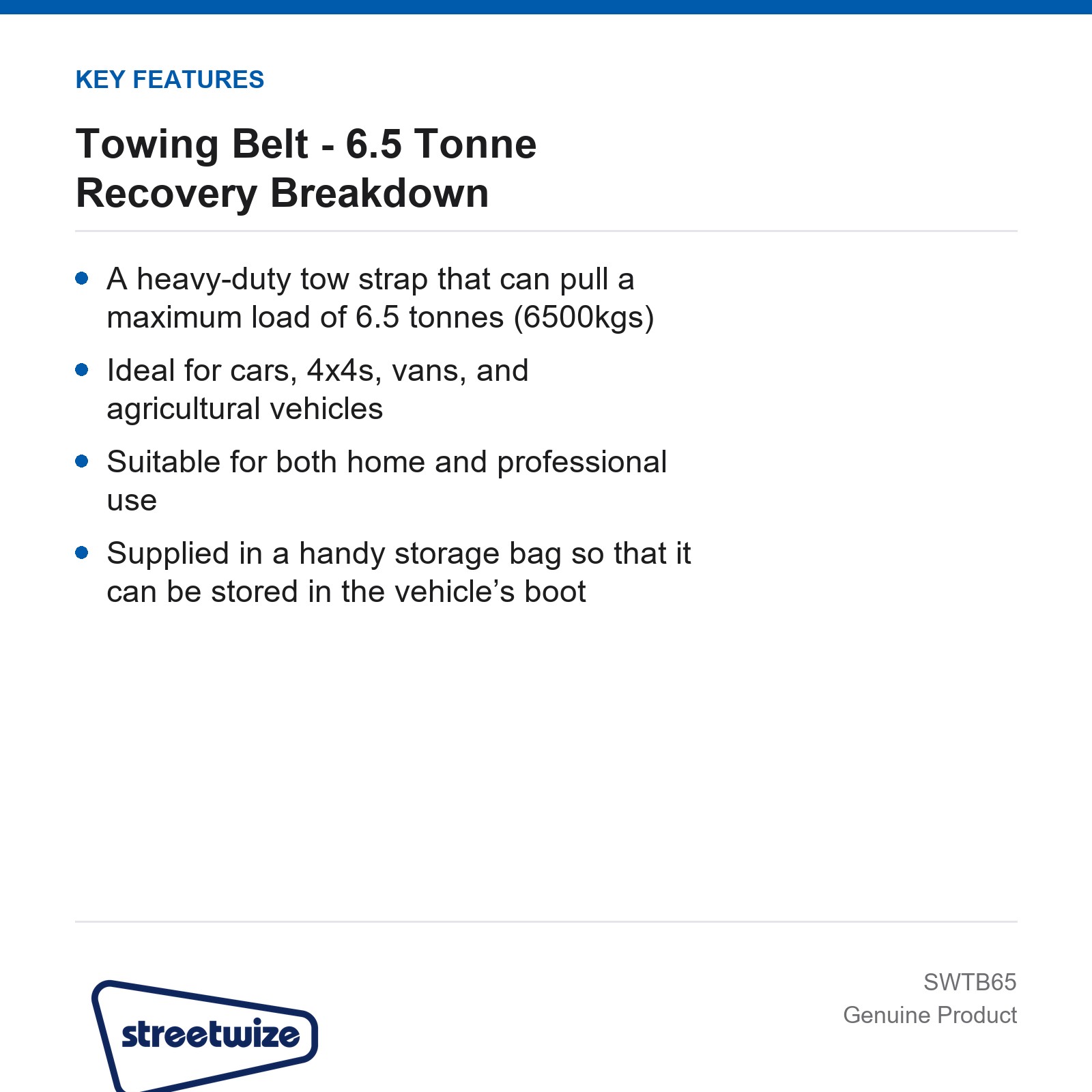 Streetwize 6.5 Tonne Towing Recovery Strap Car Caravan Breakdown - Image 4