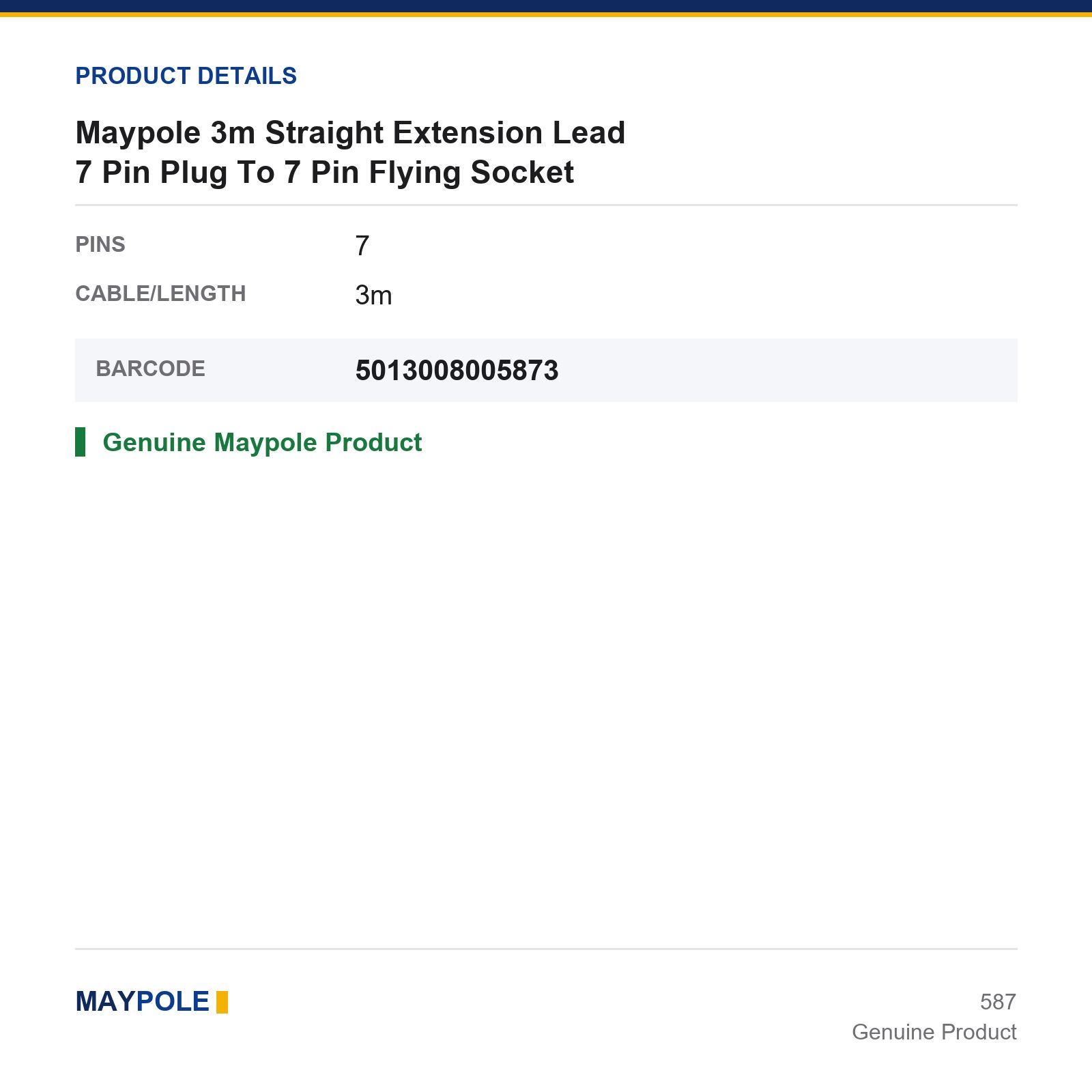 Maypole 7 Pin Trailer Extension Lead 3m Plug To Flying Socket - Image 3