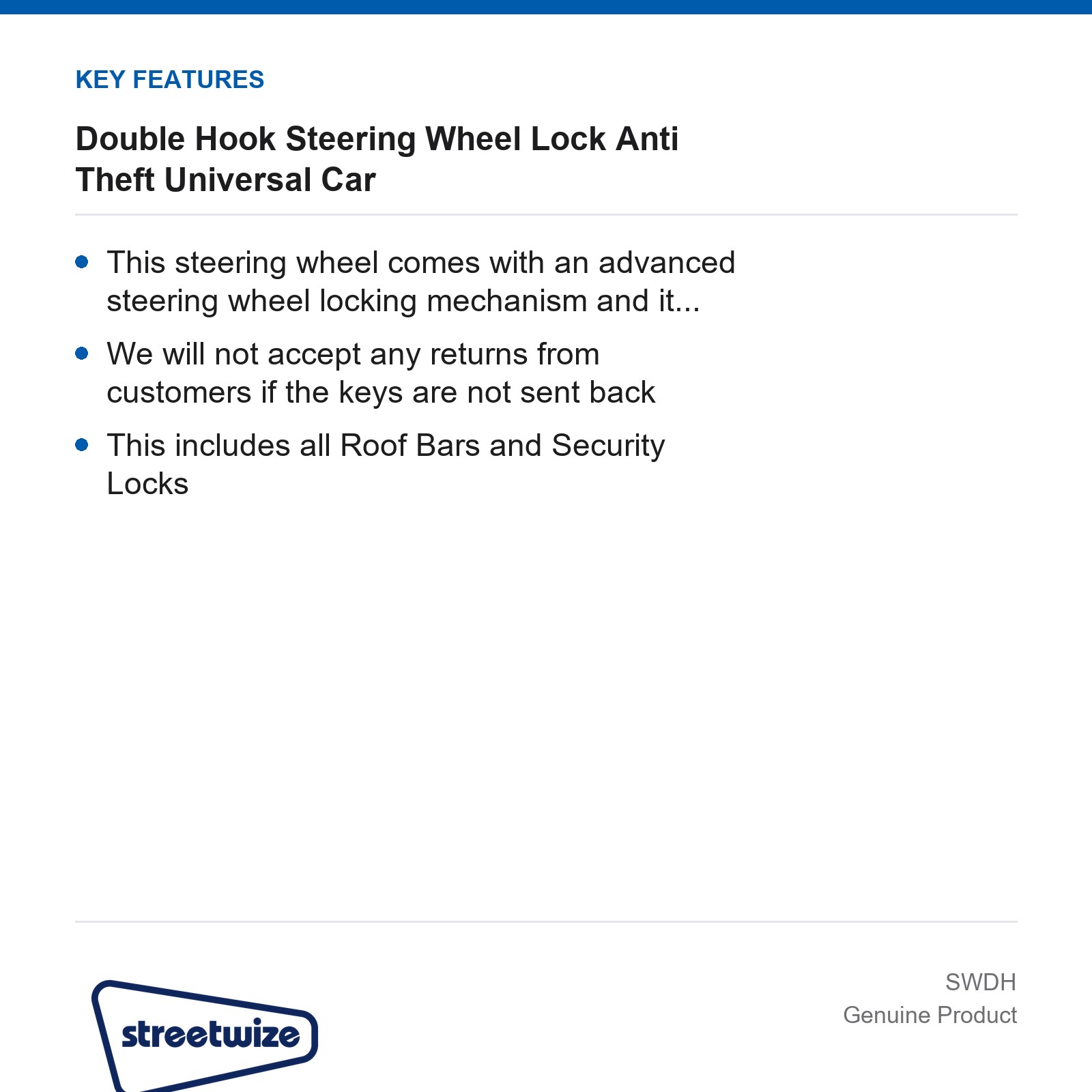 Streetwize Double Hook Steering Wheel Lock Anti Theft Universal Car Van Security - Image 4