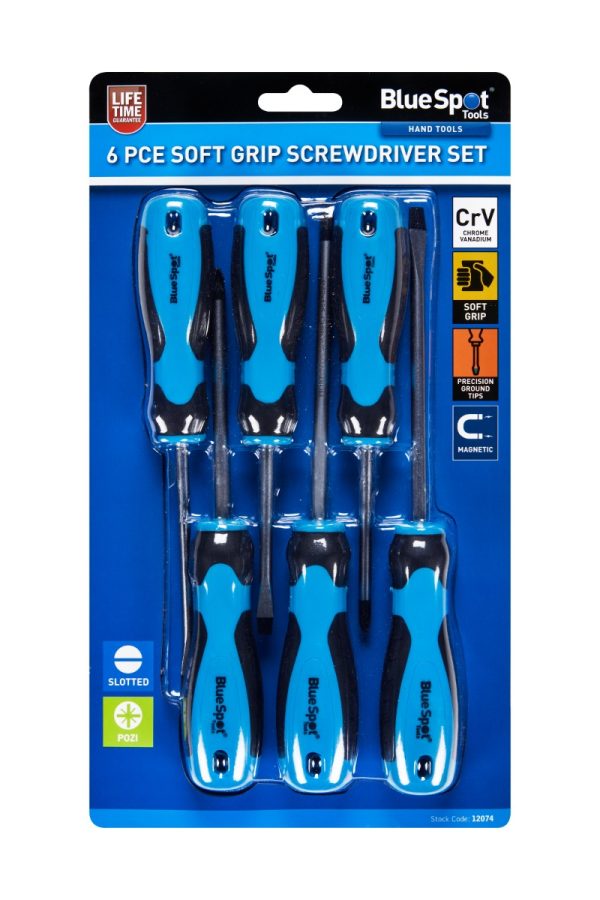 Bluespot Screwdriver Set 6pc Chrome Vanadium Soft Grip Magnetic Pozi Slotted
