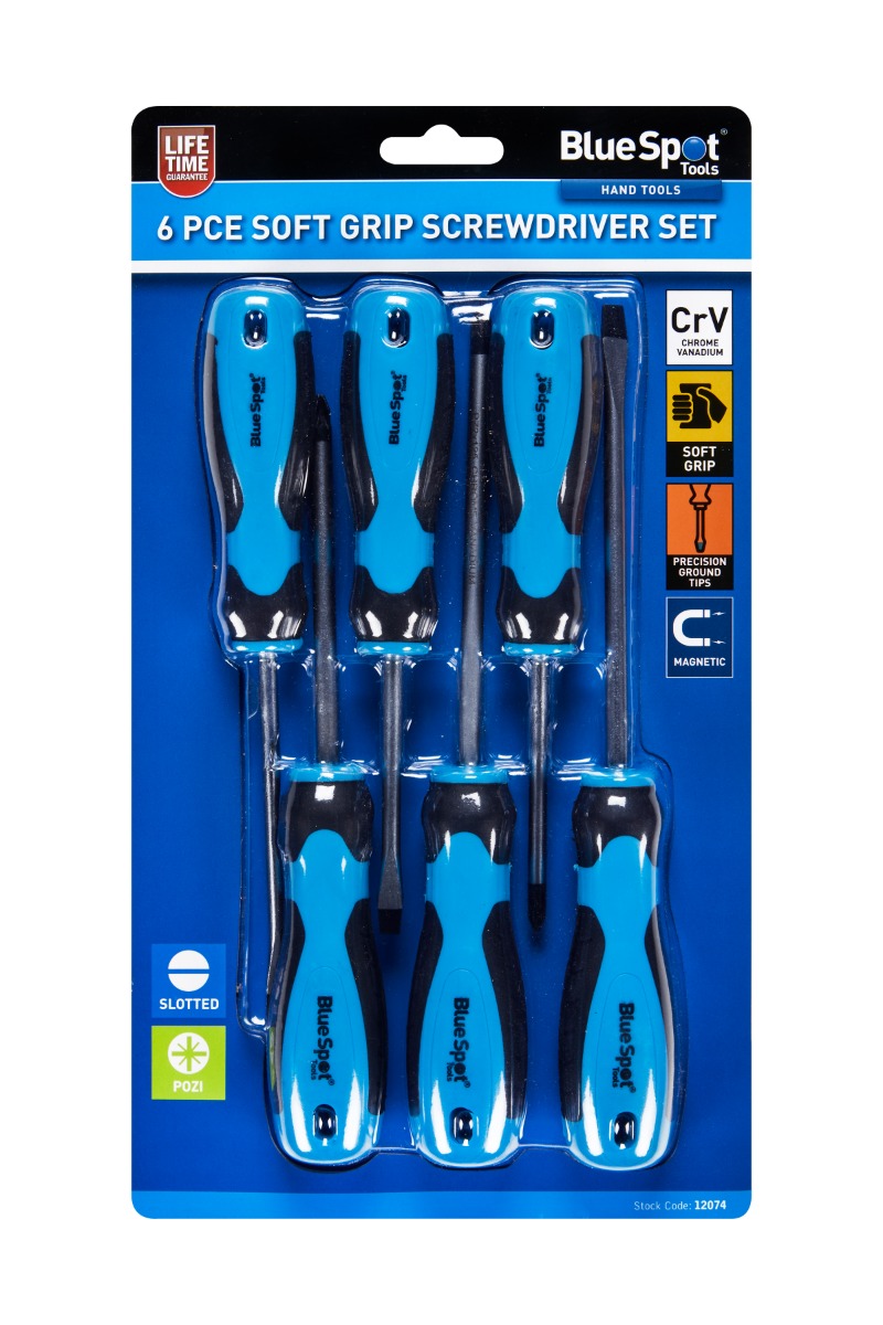 Bluespot Screwdriver Set 6pc Chrome Vanadium Soft Grip Magnetic Pozi Slotted