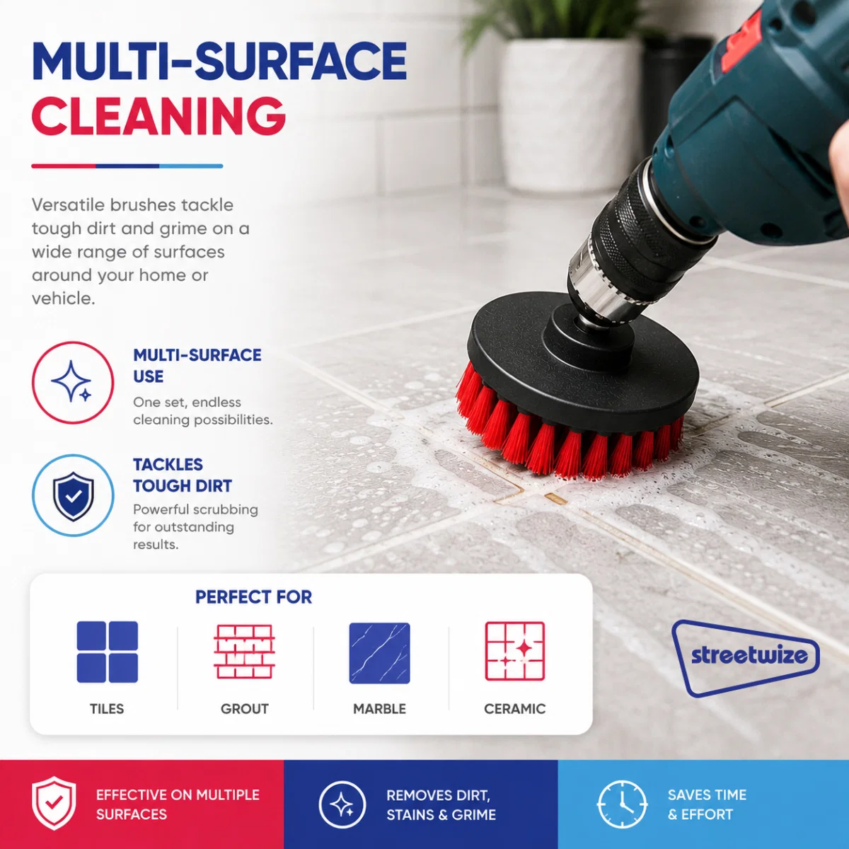 Streetwize 3 Piece Drill Brush Head Set Car Van Caravan Cleaning - Image 2