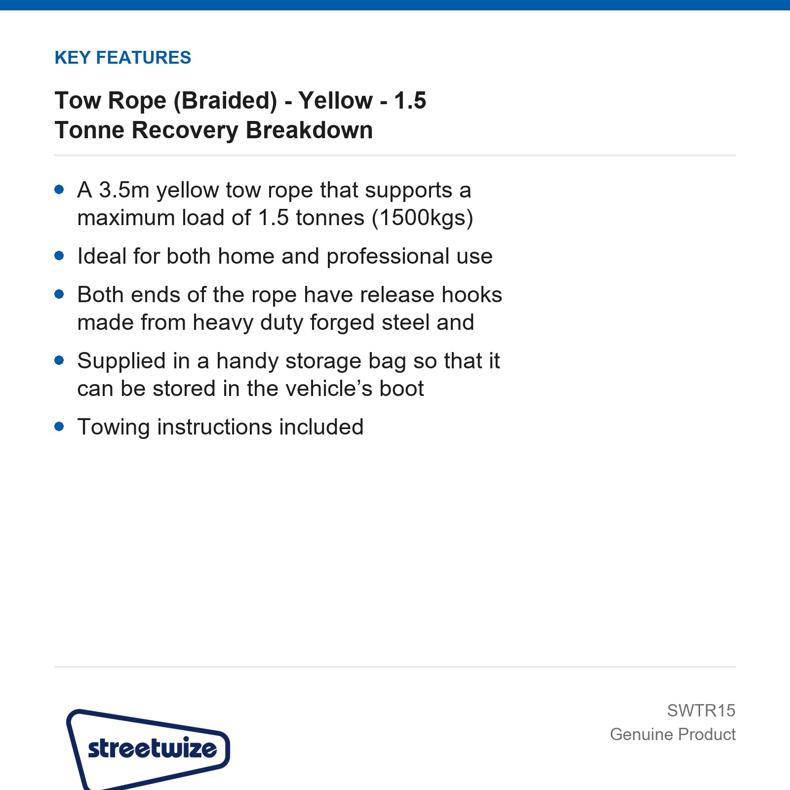 Streetwize Tow Rope 1.5 Tonne Recovery Breakdown Car Towing Braided Yellow - Image 4
