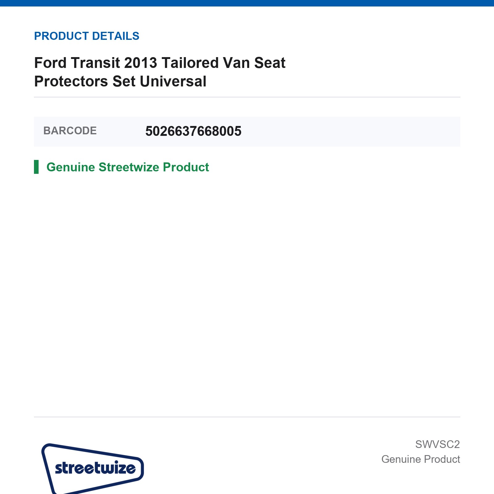 Streetwize Ford Transit Custom 2013+ Tailored Van Seat Covers - Image 3