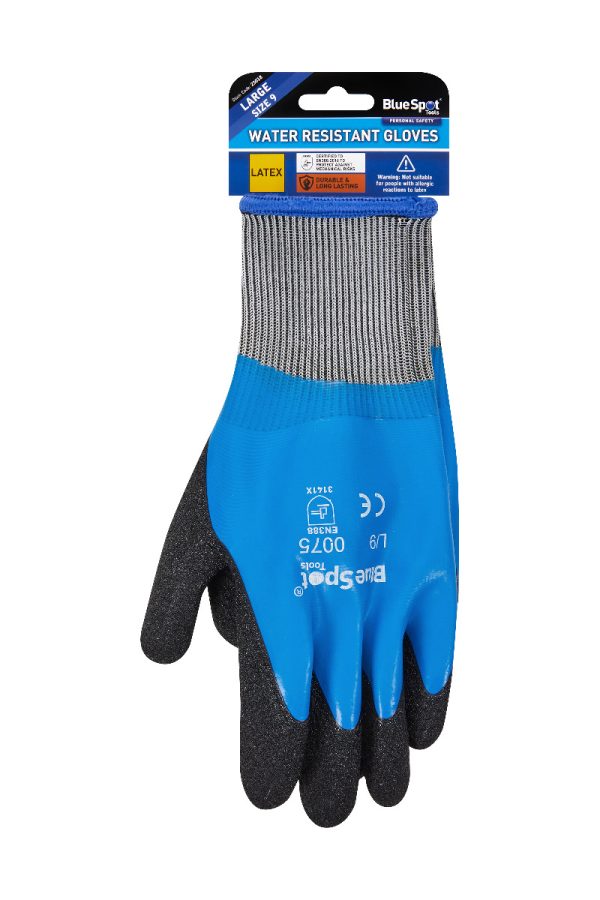 Safety Gloves Water Resistant Latex Polyester Bluespot Large Size 9 EN388