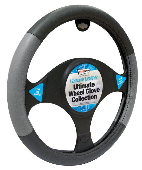 Streetwize Leather Steering Wheel Glove Black Grey Universal Car Anti Theft