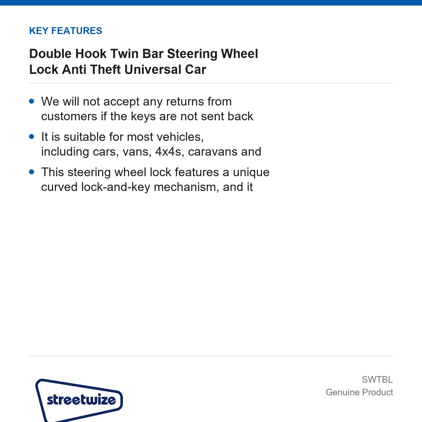 Streetwize Anti Theft Steering Wheel Lock Double Hook Universal Car - Image 4