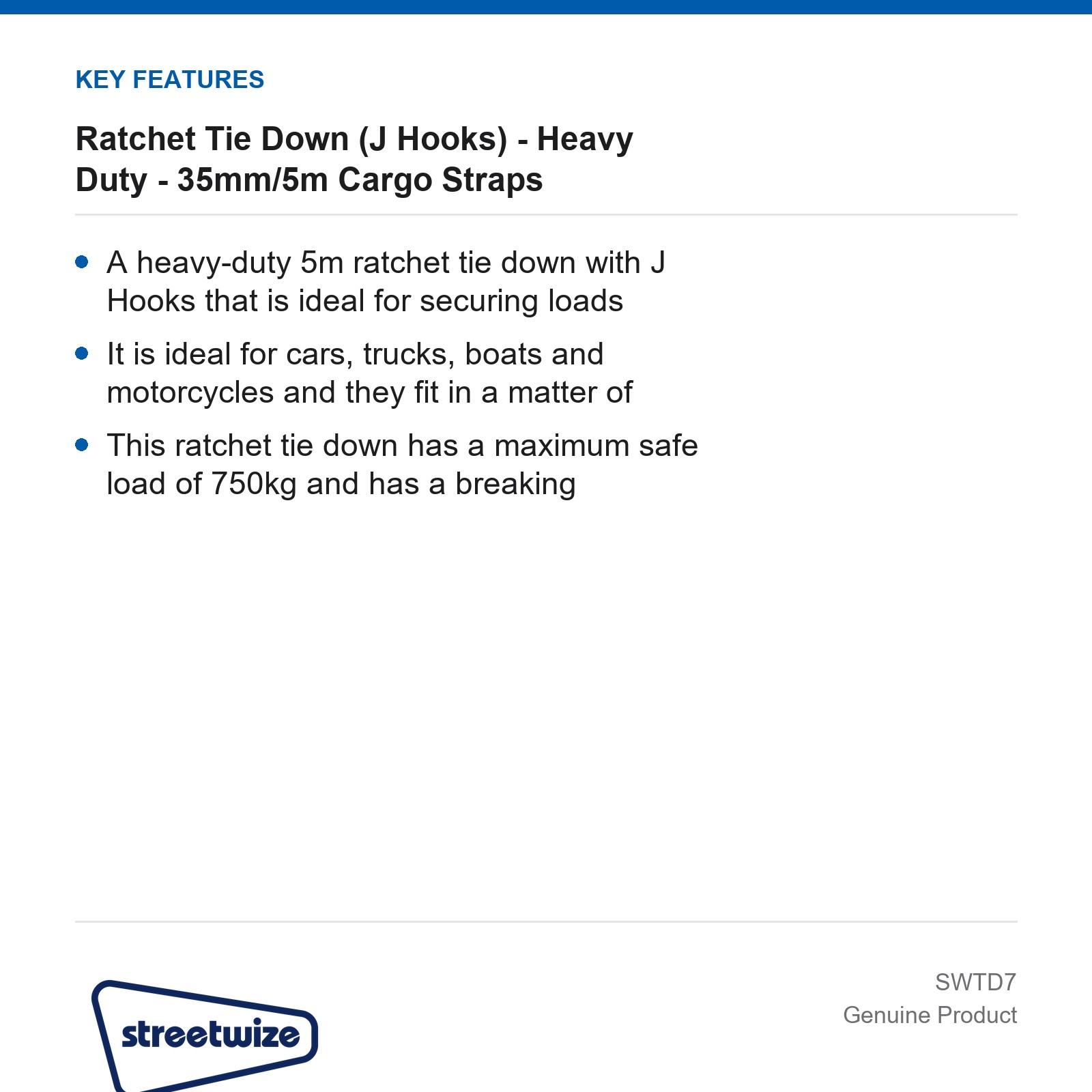 Streetwize Heavy Duty Ratchet Tie Down Cargo Strap J Hooks 35mm 5m - Image 4