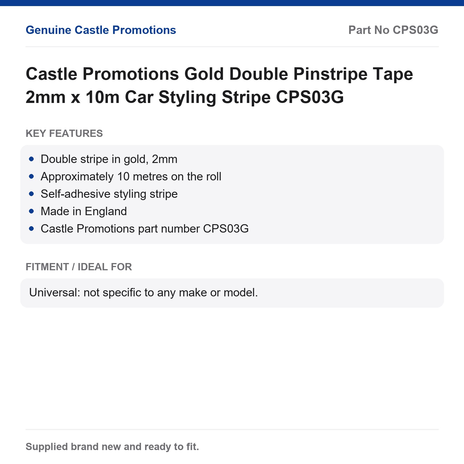 Castle Promotions Gold Double Pinstripe Tape, 2mm x 10m (CPS03G)