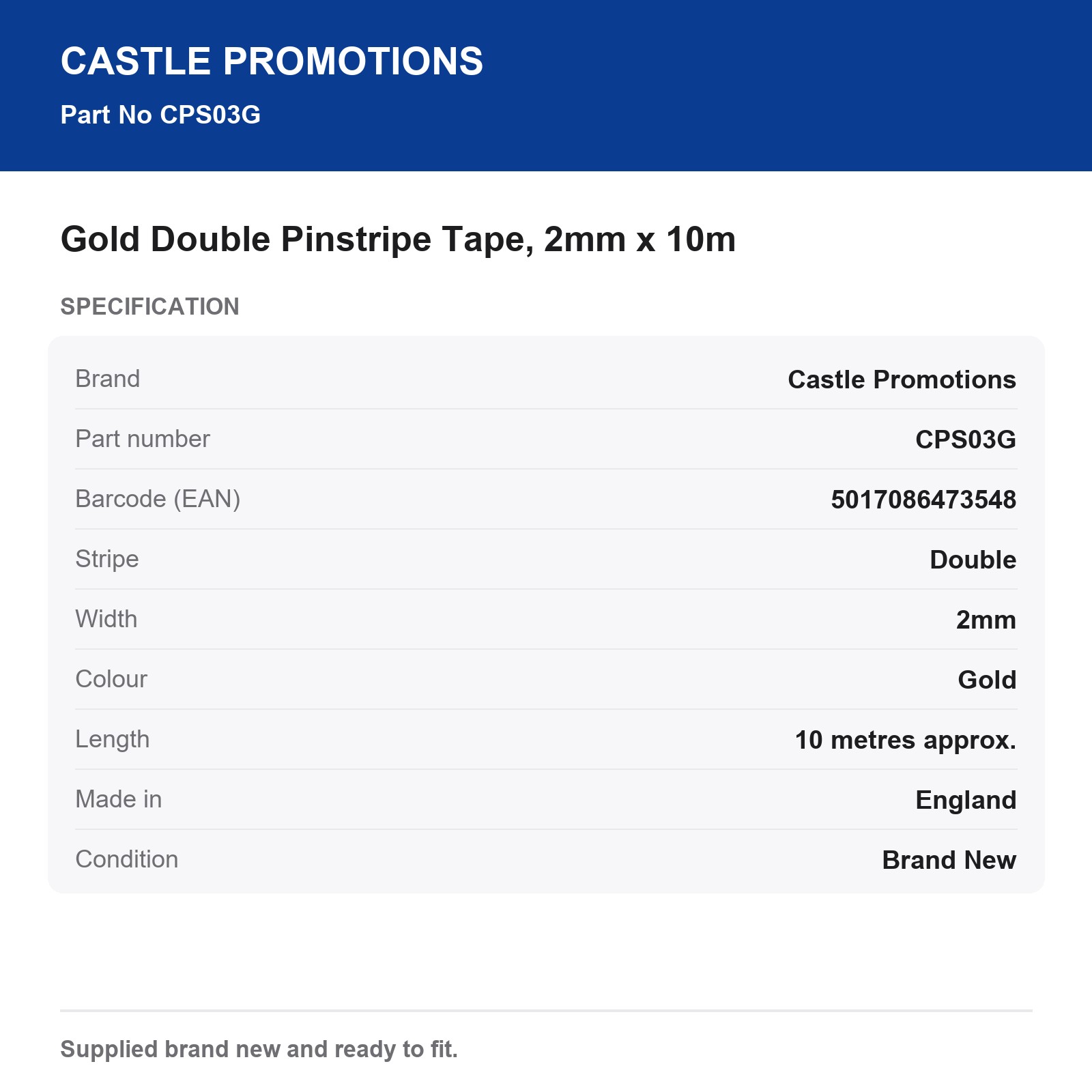 Castle Promotions Gold Double Pinstripe Tape, 2mm x 10m (CPS03G)