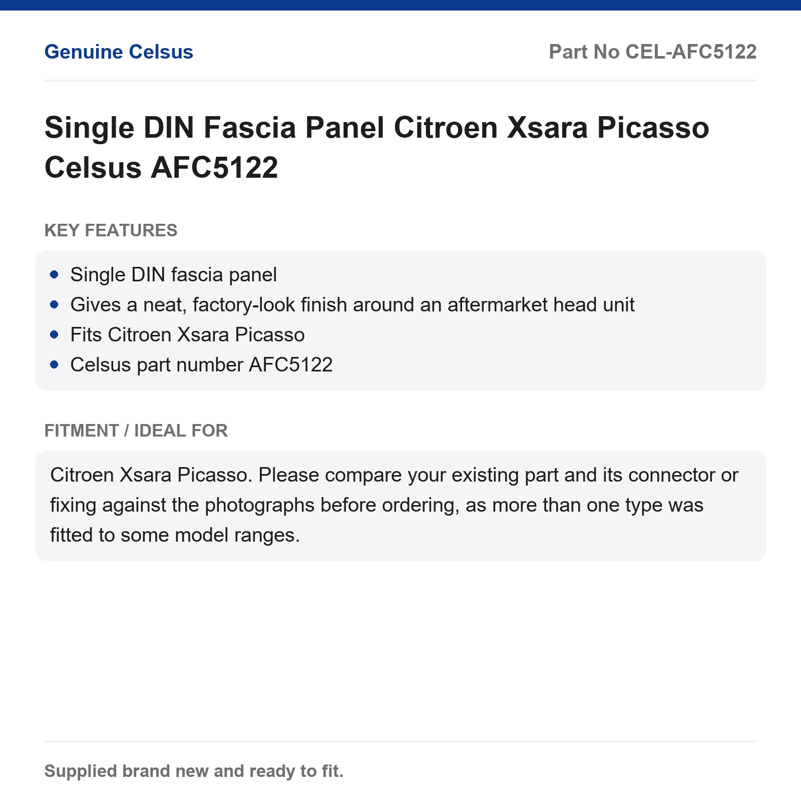 Single DIN Fascia Panel Citroen Xsara Picasso Celsus AFC5122