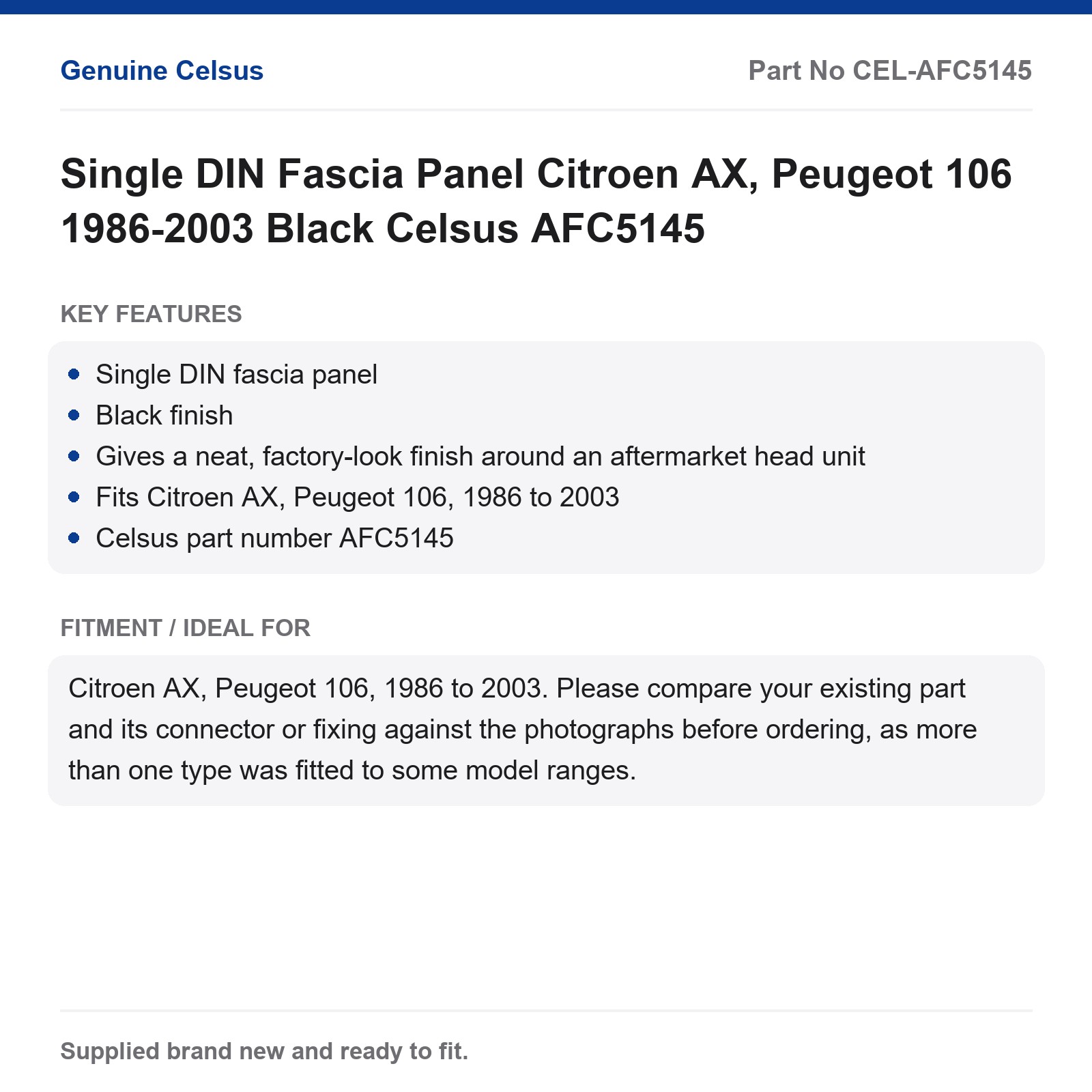 Single DIN Fascia Panel Citroen AX, Peugeot 106 1986-2003 Black Celsus AFC5145
