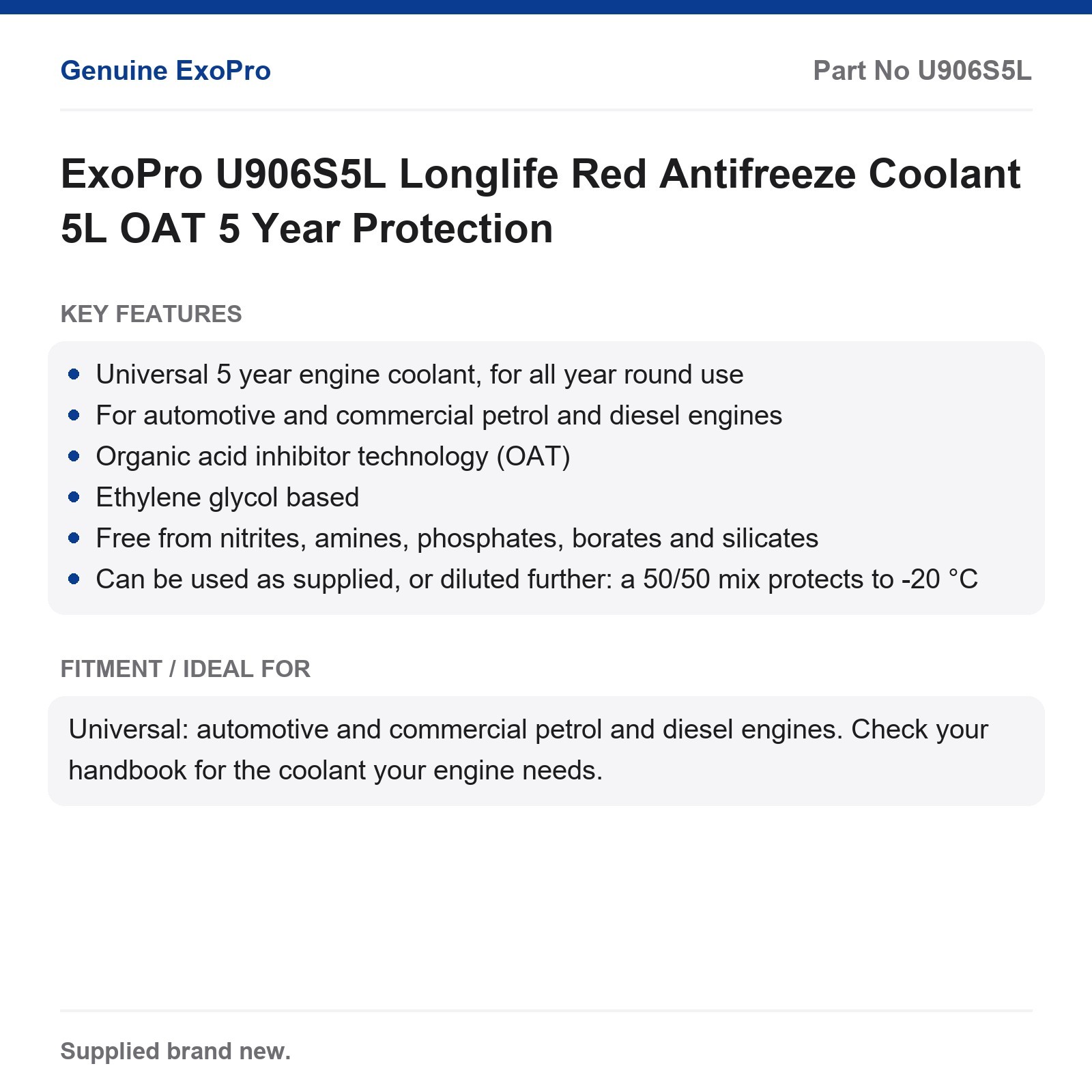 ExoPro U906S5L Longlife Red Antifreeze Coolant 5L OAT 5 Year Protection