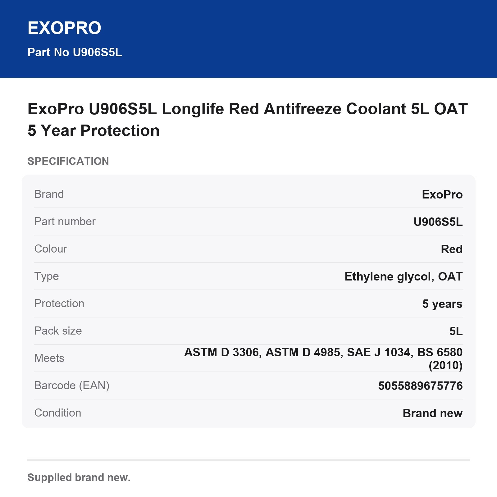 ExoPro U906S5L Longlife Red Antifreeze Coolant 5L OAT 5 Year Protection