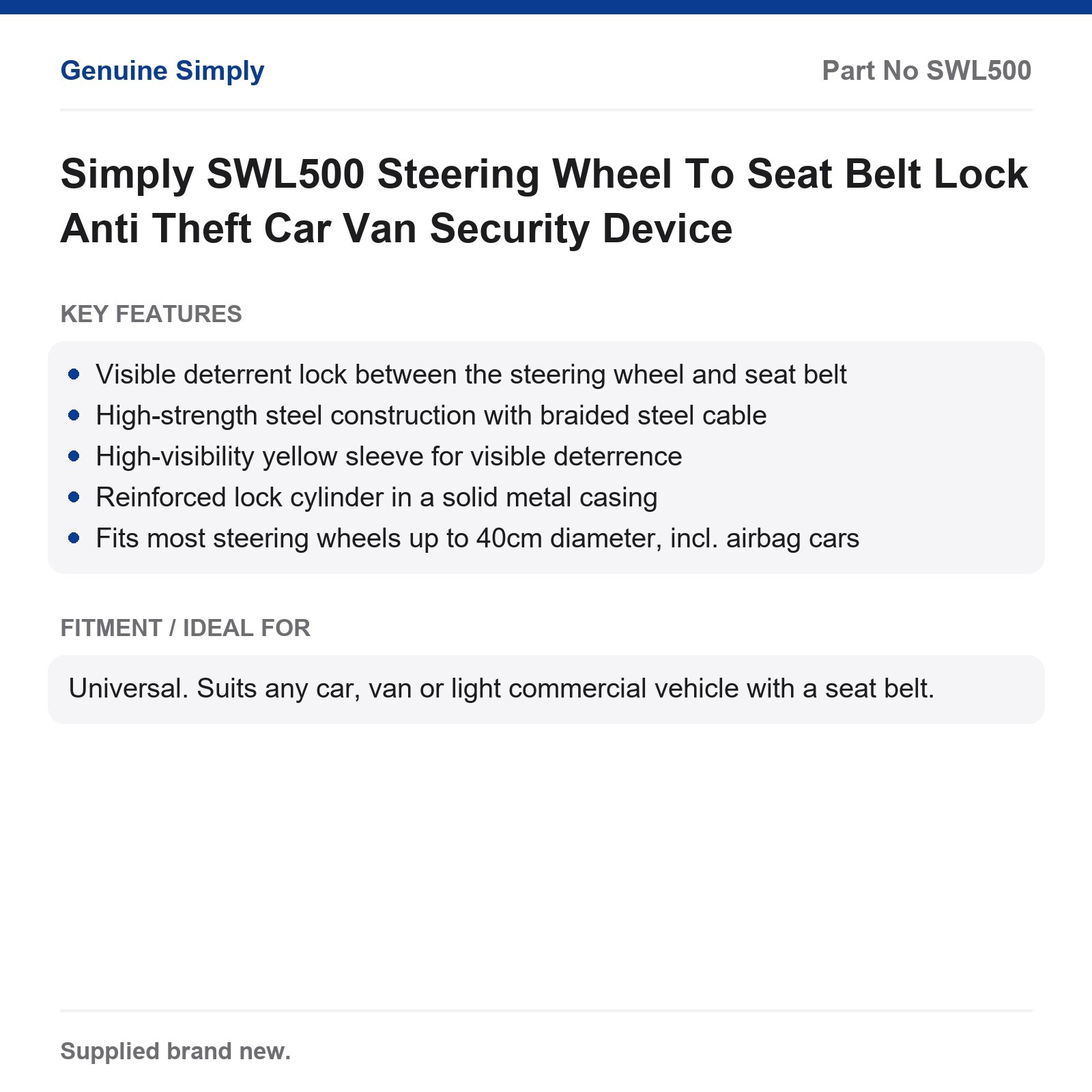 Simply SWL500 Steering Wheel To Seat Belt Lock Anti Theft Car Van Security Device