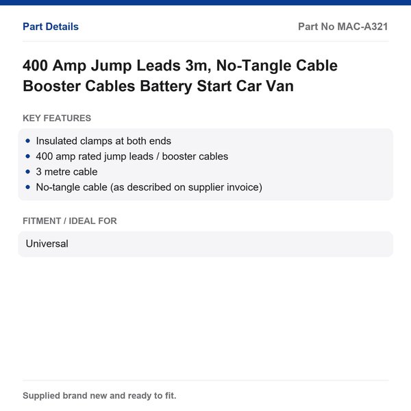 400 Amp Jump Leads 3m, No-Tangle Cable Booster Cables Battery Start Car Van